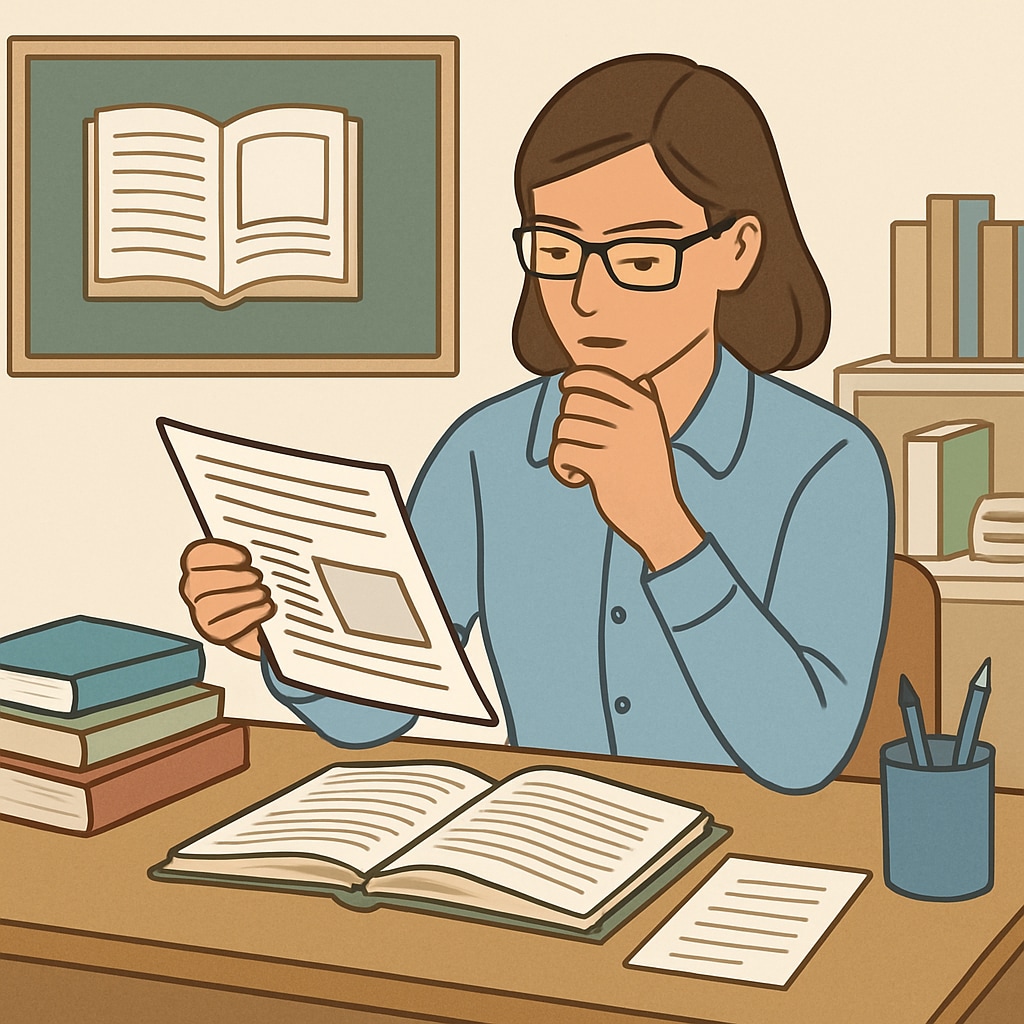 Teacher analyzing reading materials for text complexity in a study.