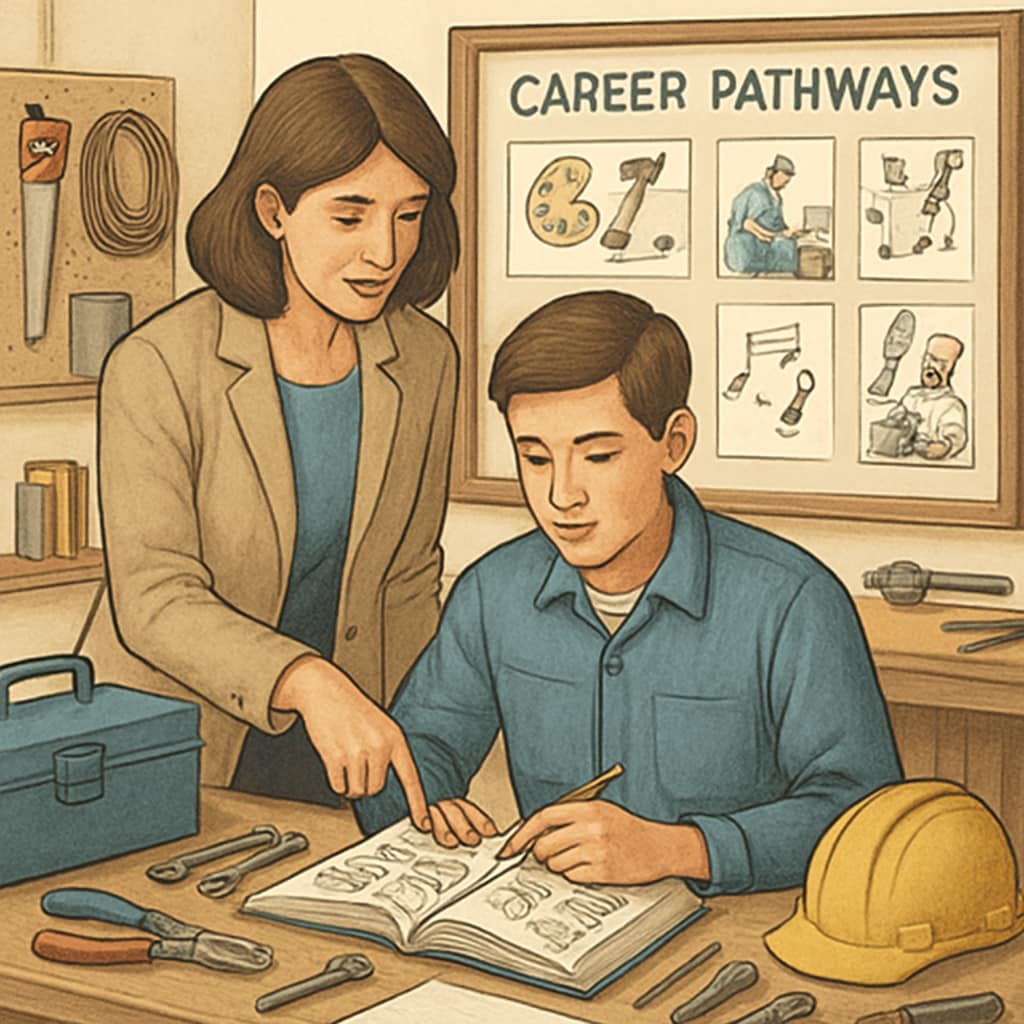 Teacher guiding a student on non-academic skills and alternative pathways.