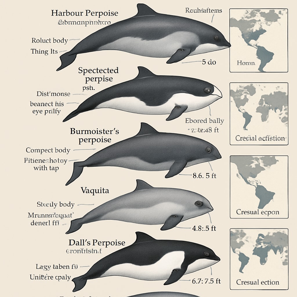 Diagram comparing six porpoise species' traits and habitats for educational purposes.