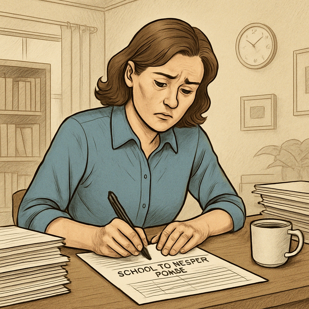 A concerned parent filling out school transfer forms at home, highlighting the stress caused by bureaucratic delays. Parent filling out school transfer forms, representing bureaucratic delays in UK special needs education.
