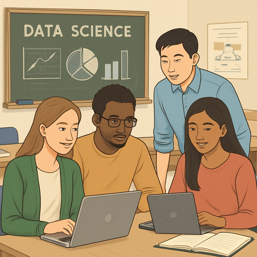 International students learning data science in a classroom environment.