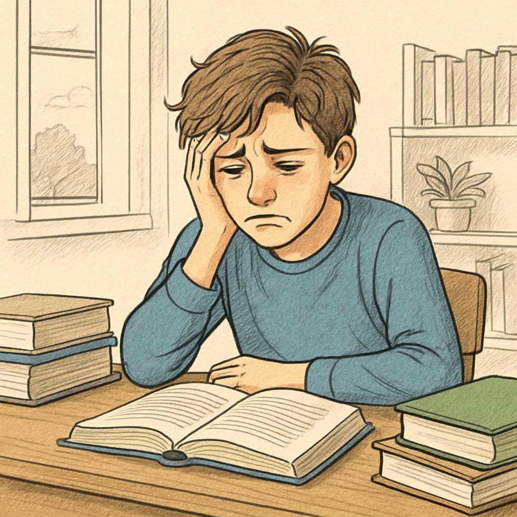A frustrated teenager sitting at home with textbooks, symbolizing the emotional impact of being out of school. Teenager sitting with textbooks, illustrating the emotional toll of delayed school transfers in the UK.