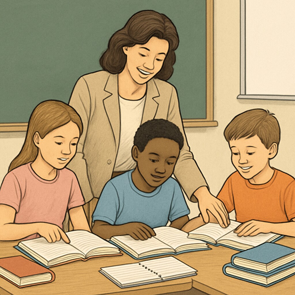 Teacher examining reading materials with students to understand text complexity.