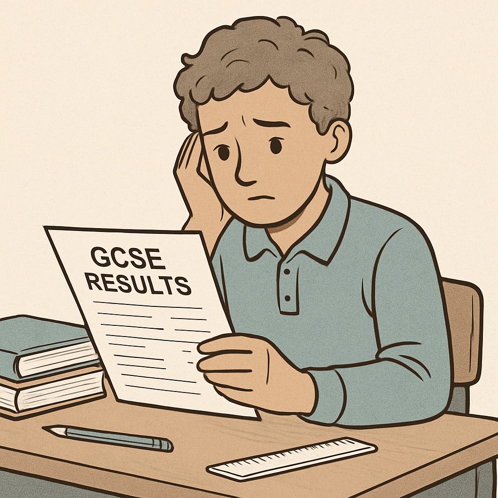A student reviewing disappointing GCSE results, reflecting academic concerns and self-doubt.