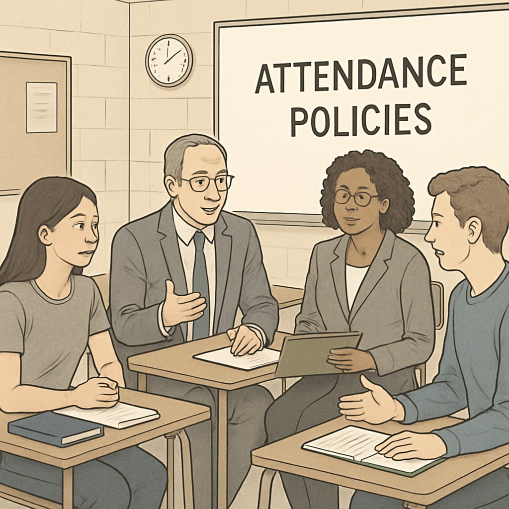 A classroom setting showing students and teachers discussing attendance policies, emphasizing collaboration and understanding. Students and teachers discussing attendance policies in a classroom setting