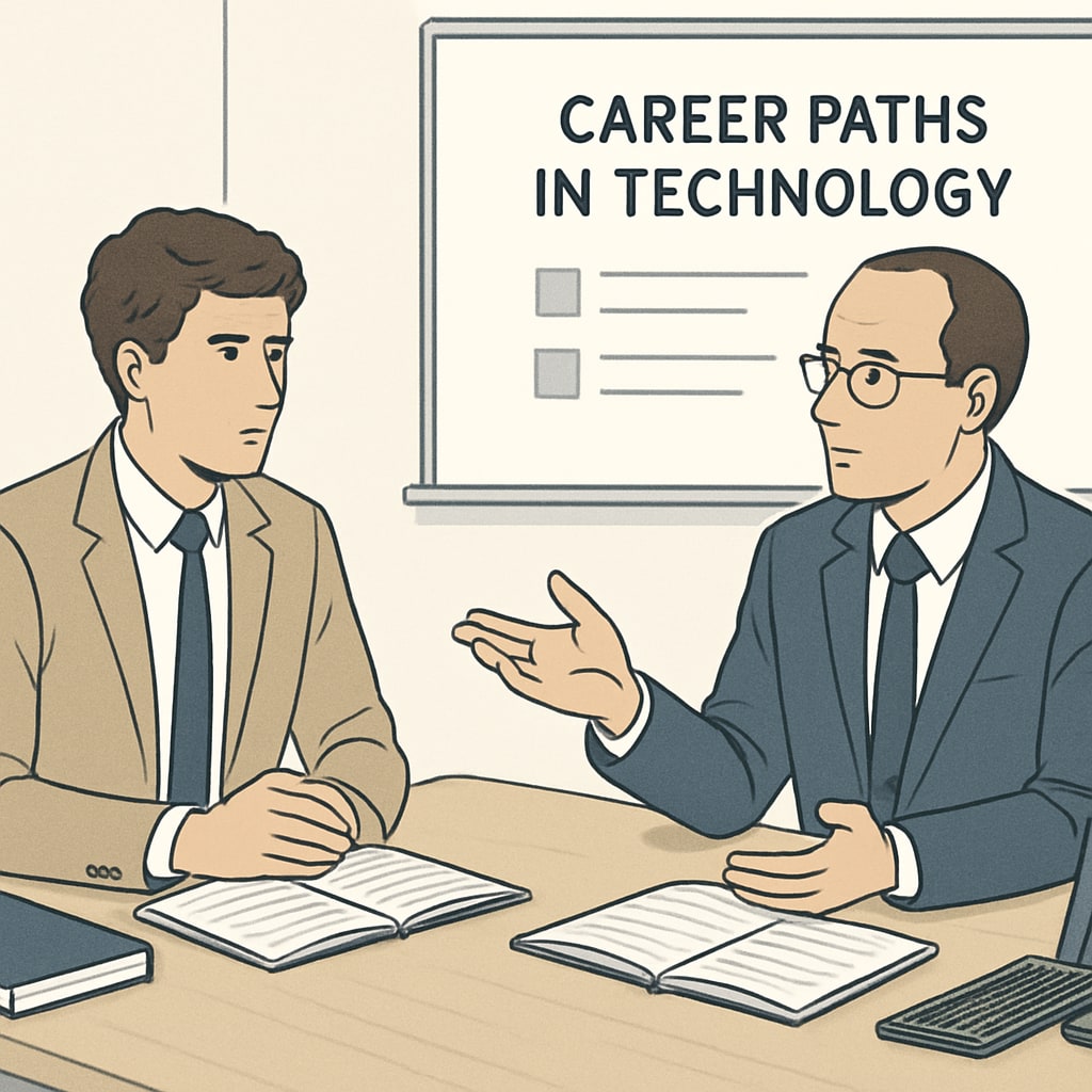 A mentoring session between a student and an IT professional, discussing career paths in technology. Student and mentor discussing IT and technology career paths.