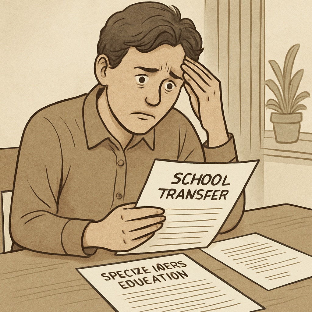 Parent reviewing school transfer documents for special needs education applications.