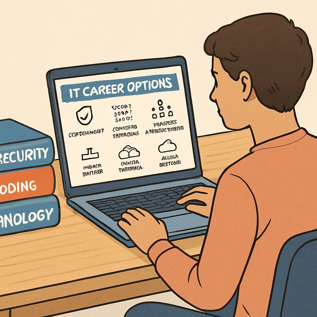 A student exploring IT and technology career choices on their laptop.