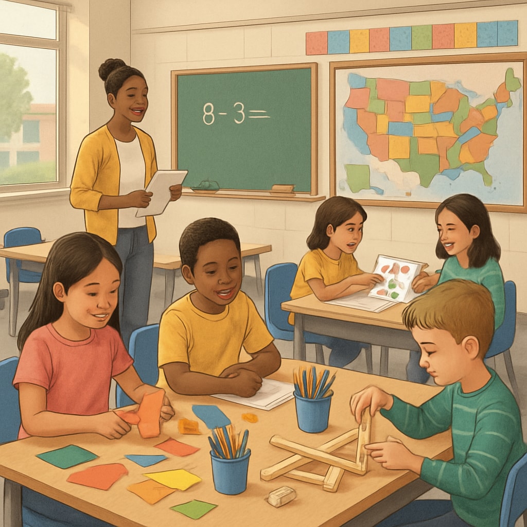 A classroom in the United States with diverse students engaging in creative group activities emphasizing holistic learning methods. A classroom showcasing American education systems' group activities and creative methods.