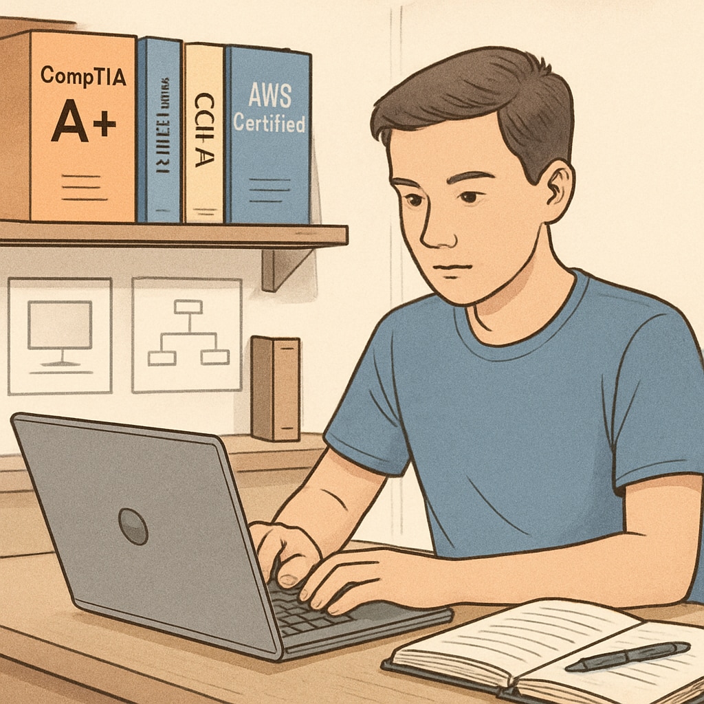 Student studying IT with certifications and books on the desk.