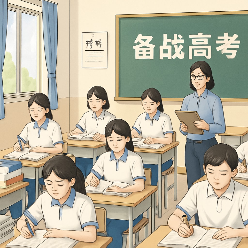 A Chinese classroom with students focused on preparing for standardized exams, highlighting the exam-centric approach. A Chinese classroom illustrating the testing-oriented education system.