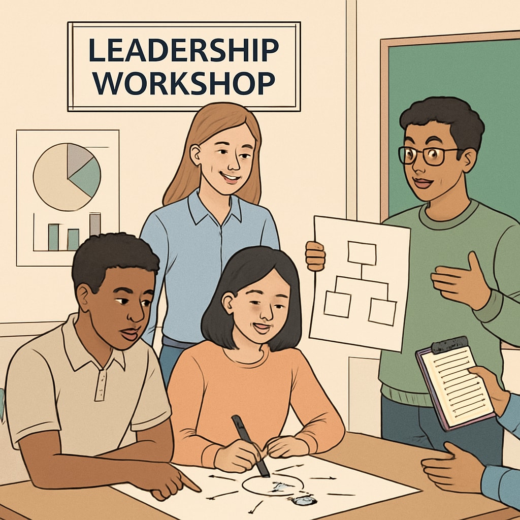 A diverse group of students engaged in a leadership workshop, representing innovation and teamwork. Leadership workshop with diverse students practicing teamwork and innovation.