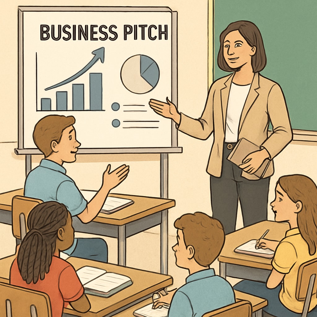 A classroom setting with a teacher guiding students through a business pitch exercise. Teacher guiding students during a business pitch exercise in a classroom.