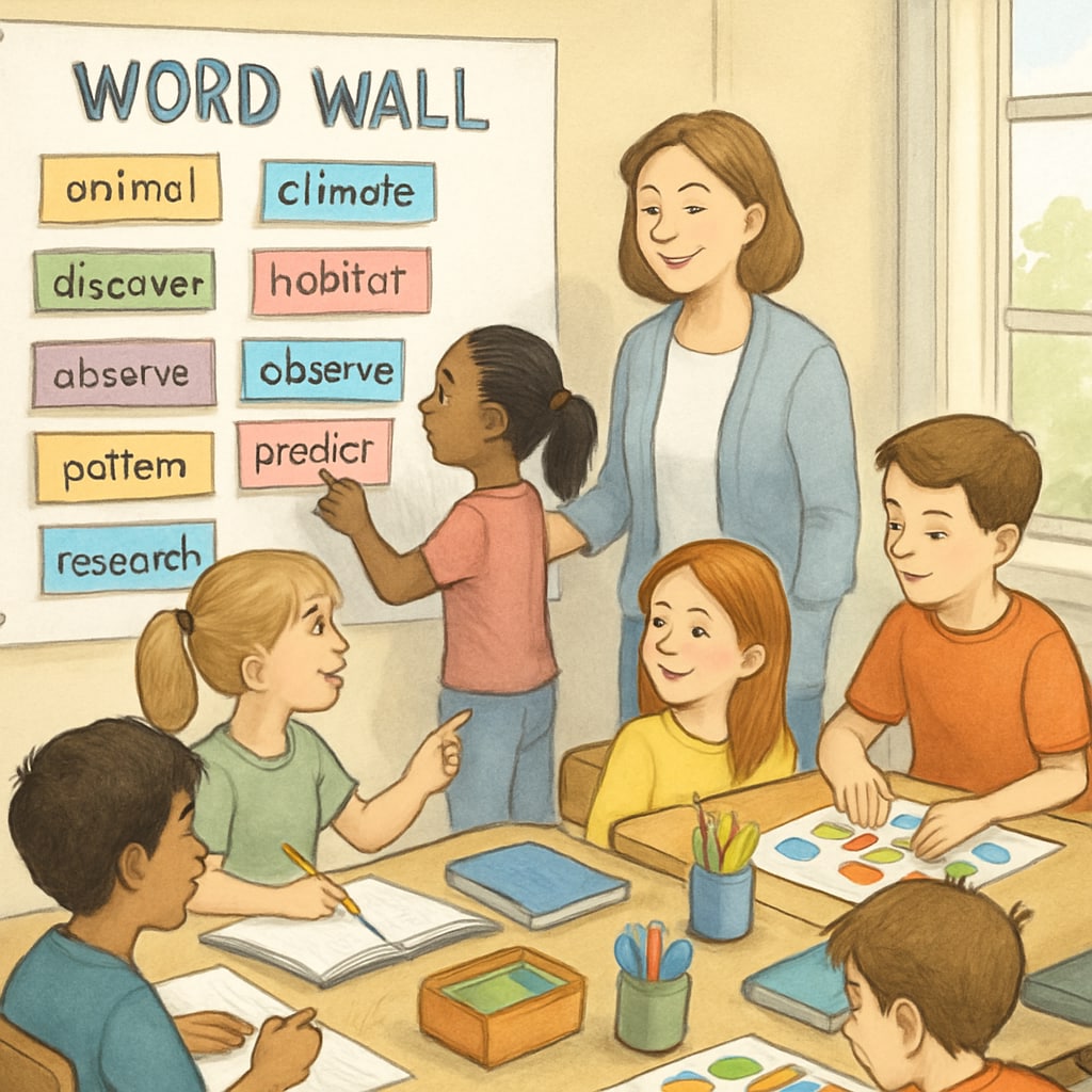 Students participating in vocabulary learning activities like interactive word walls in an ELA classroom.