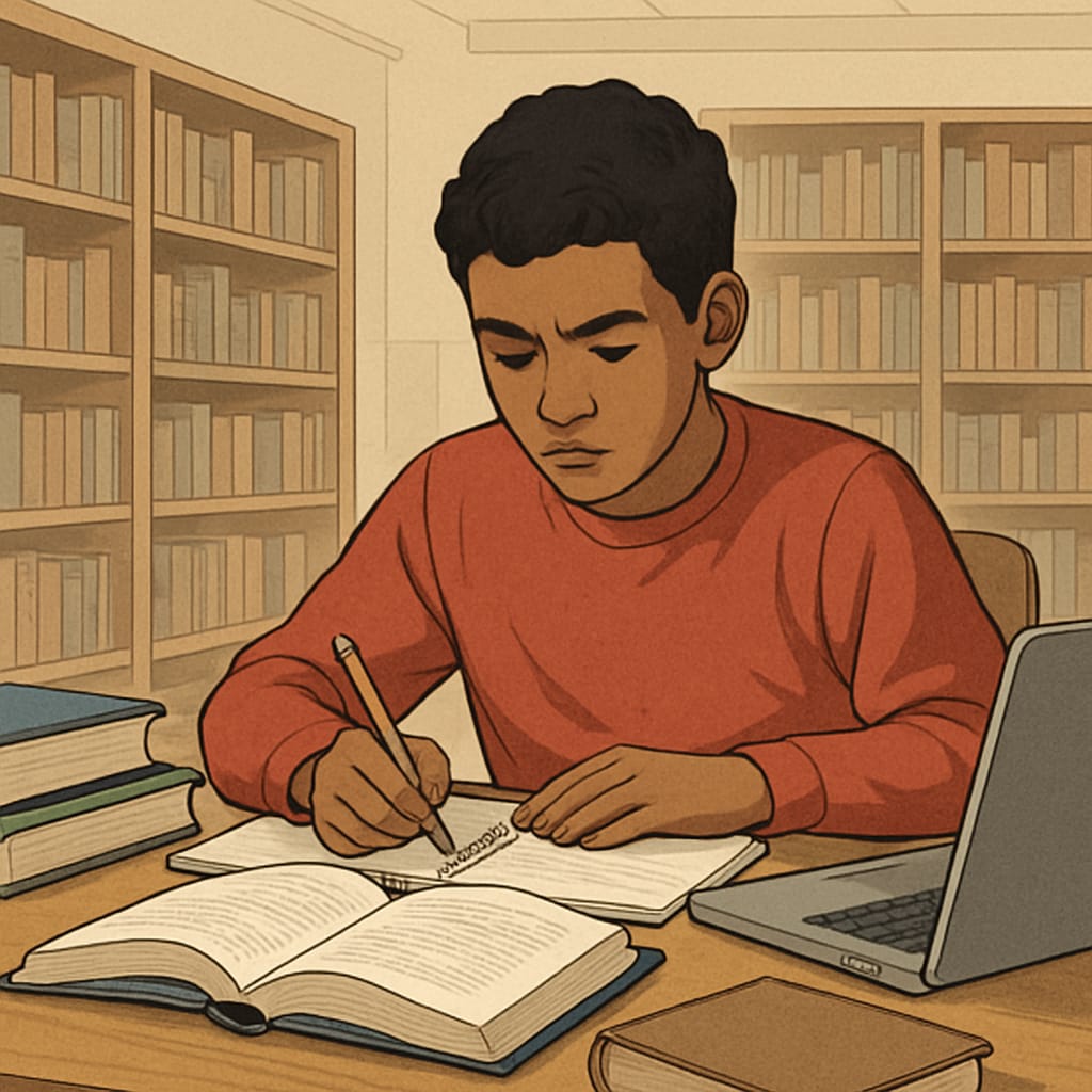 A young student studying at a library, representing the challenges faced by immigrant students in the UK. Immigrant student studying in a library, symbolizing challenges in UK education.