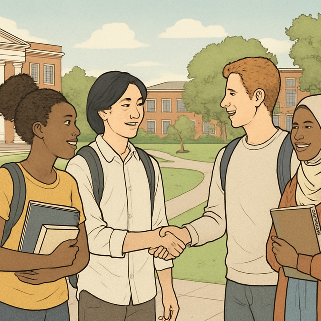 A group of diverse students interacting on a university campus, symbolizing inclusion and diversity in education. Diverse students on a university campus, highlighting the need for equitable access.