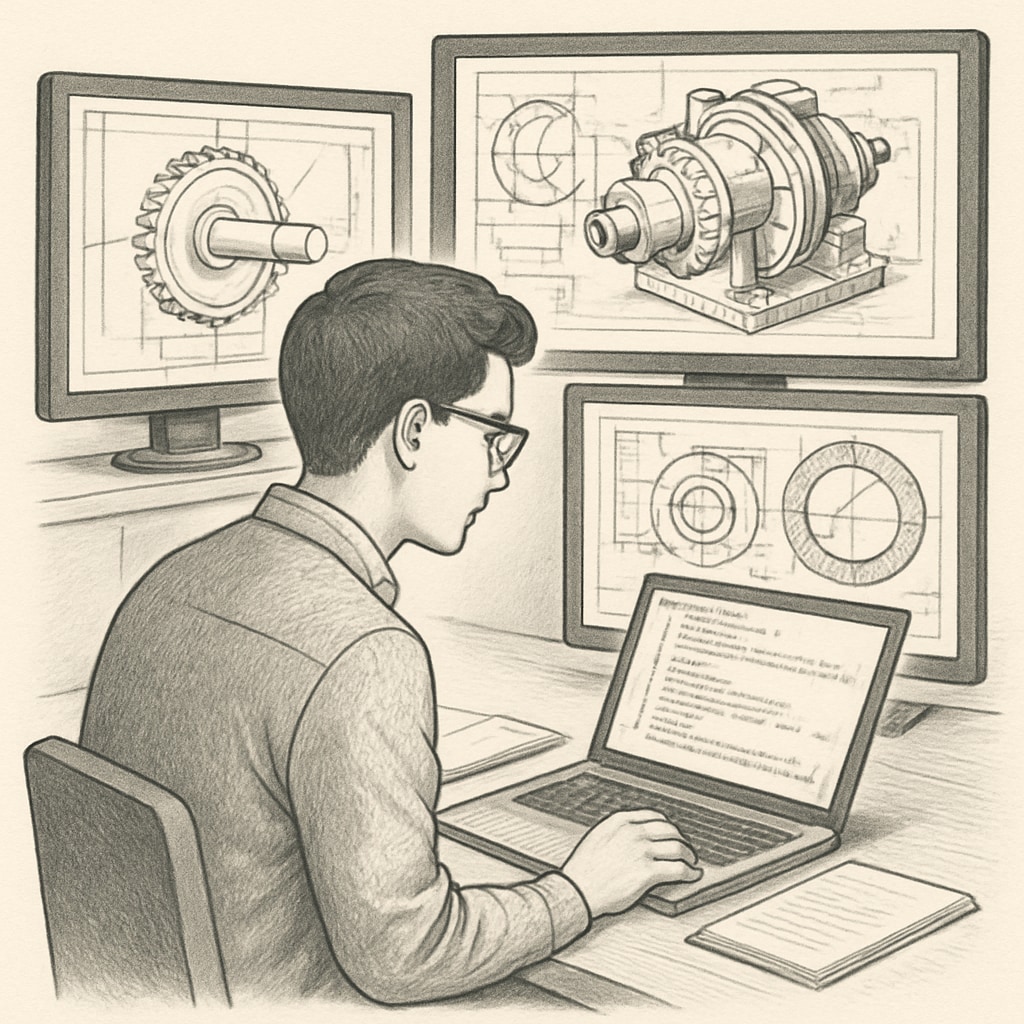 An engineering student studying online with multiple screens displaying mechanical designs and coding interfaces. Engineering student studying online with mechanical designs and coding interfaces.
