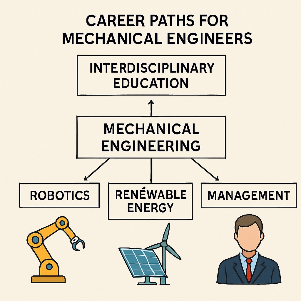 A diagram showing potential career paths for mechanical engineers who pursue interdisciplinary education, such as robotics, renewable energy, or management roles. Career path diagram for mechanical engineers with interdisciplinary education.