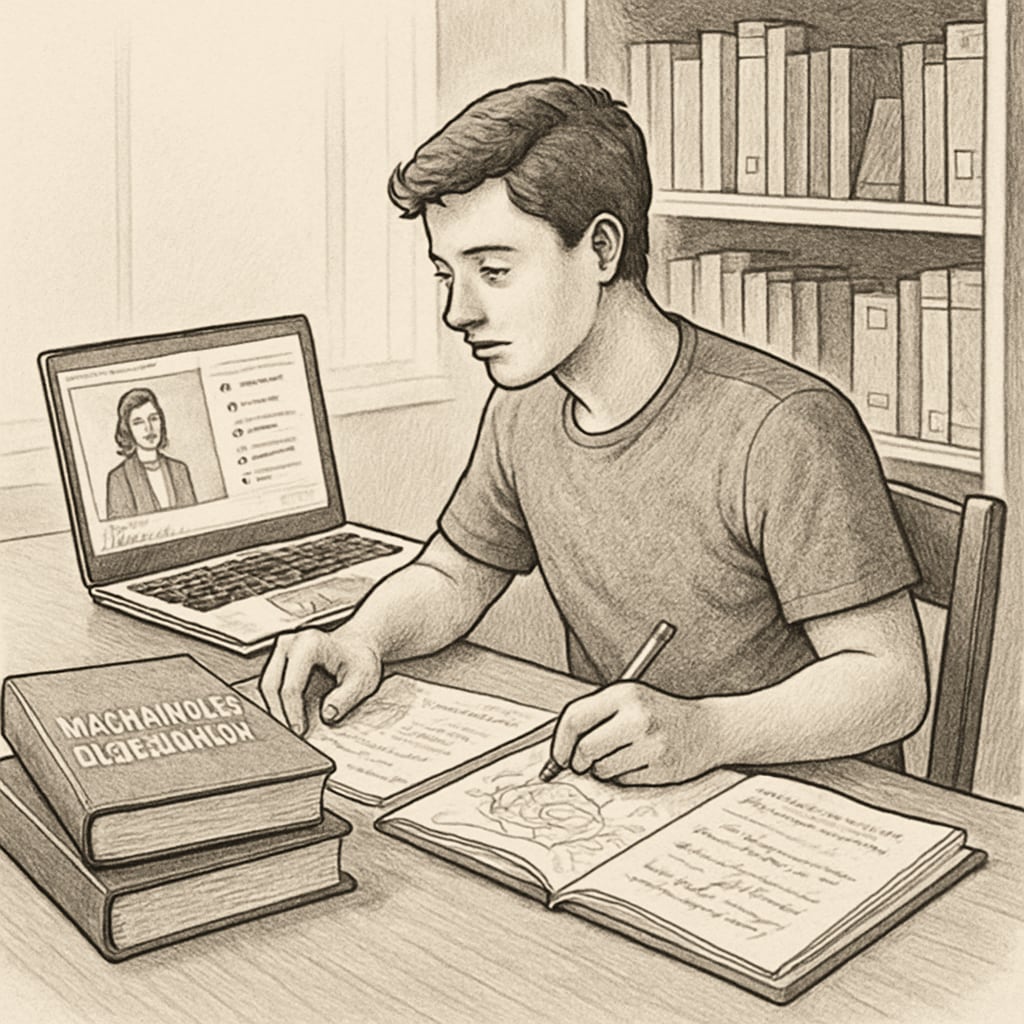 A university student multitasking between mechanical engineering coursework and an online class on a laptop. Mechanical engineering student studying in a dual-degree program with online learning.