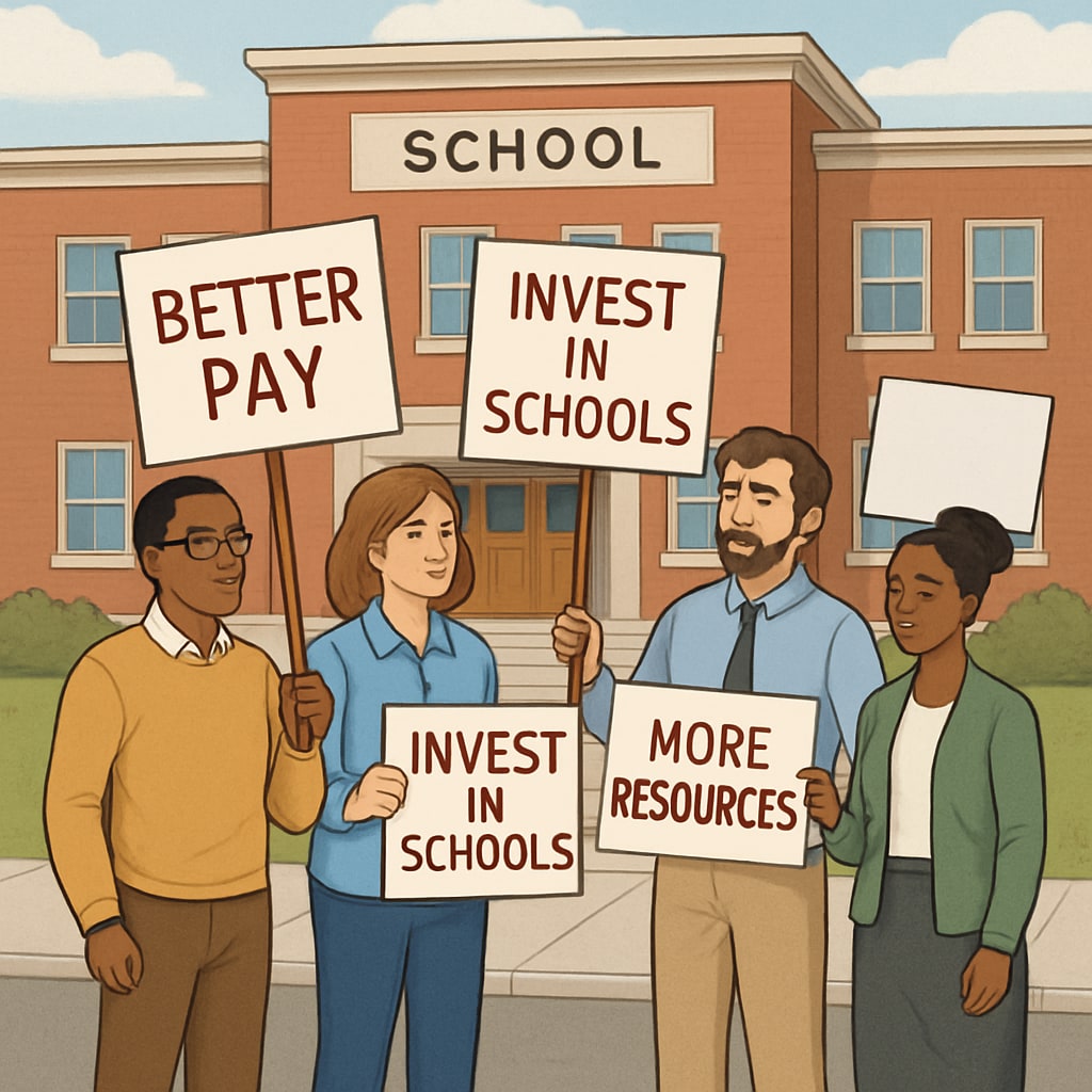 A group of teachers holding signs advocating for better pay and resources, standing outside a school on a weekday morning. Teachers protesting for better pay and resources on Teacherless Tuesday