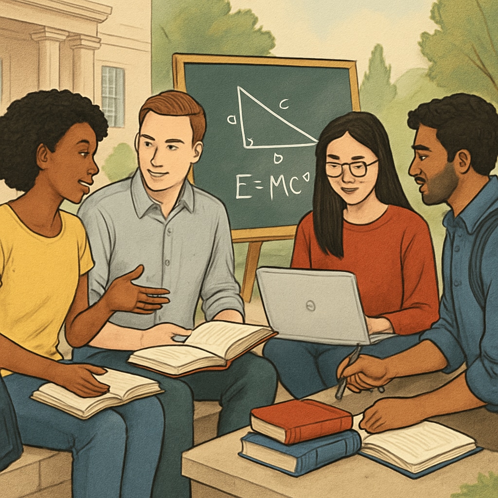 Students from diverse backgrounds studying on a university campus, representing education equity.