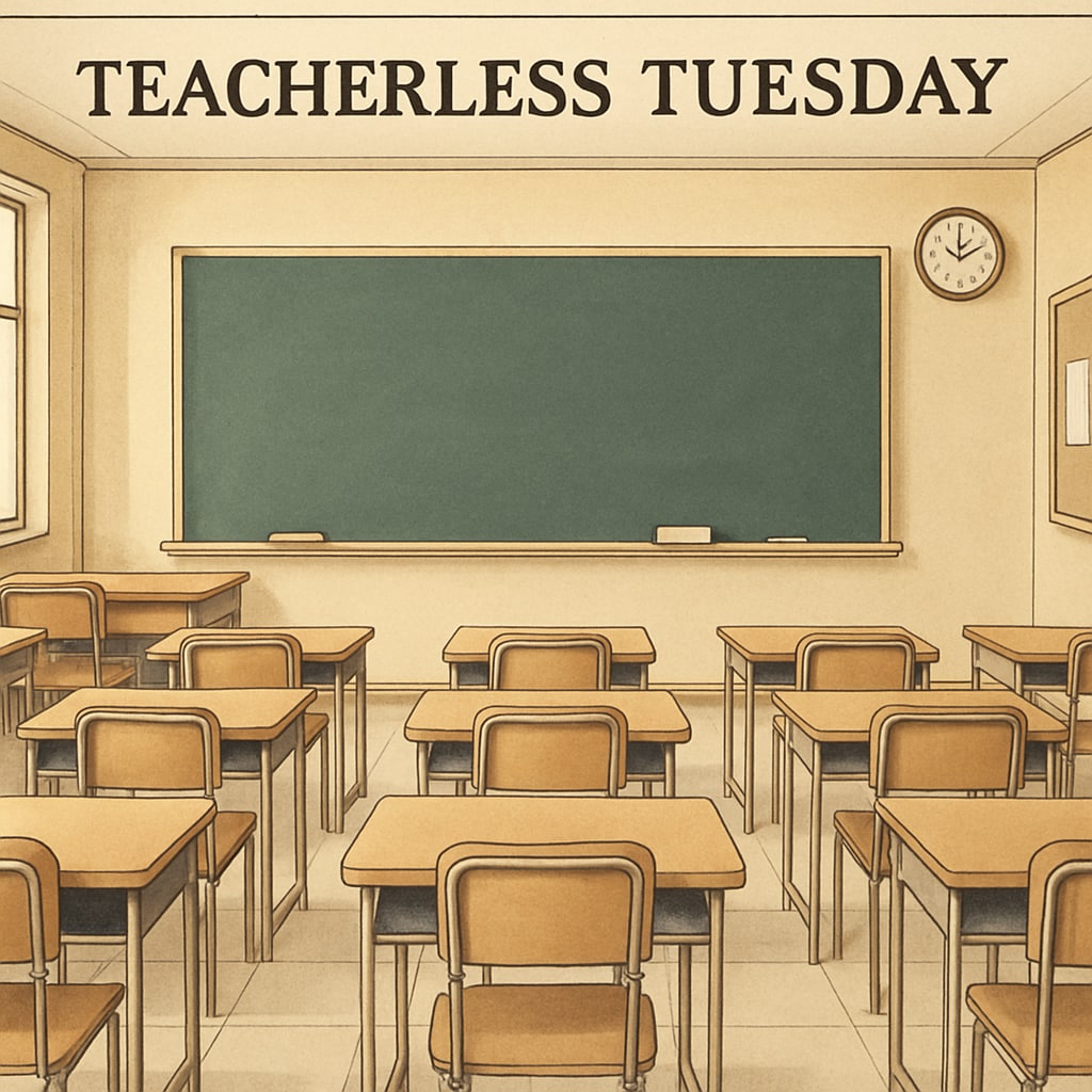 A classroom with empty desks and a chalkboard, symbolizing the absence of teachers on Teacherless Tuesday. Empty classroom representing Teacherless Tuesday protest