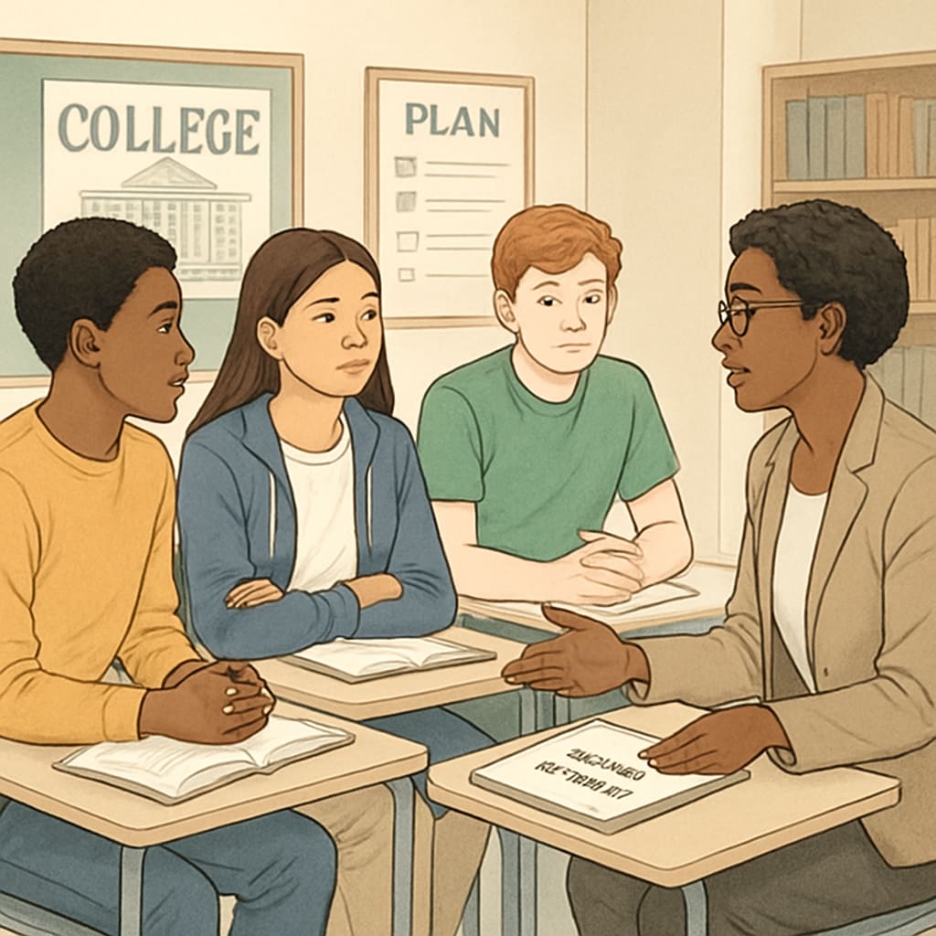A group of high school freshmen discussing college planning with their counselor in a classroom setting. High school freshmen planning for college applications with their counselor.