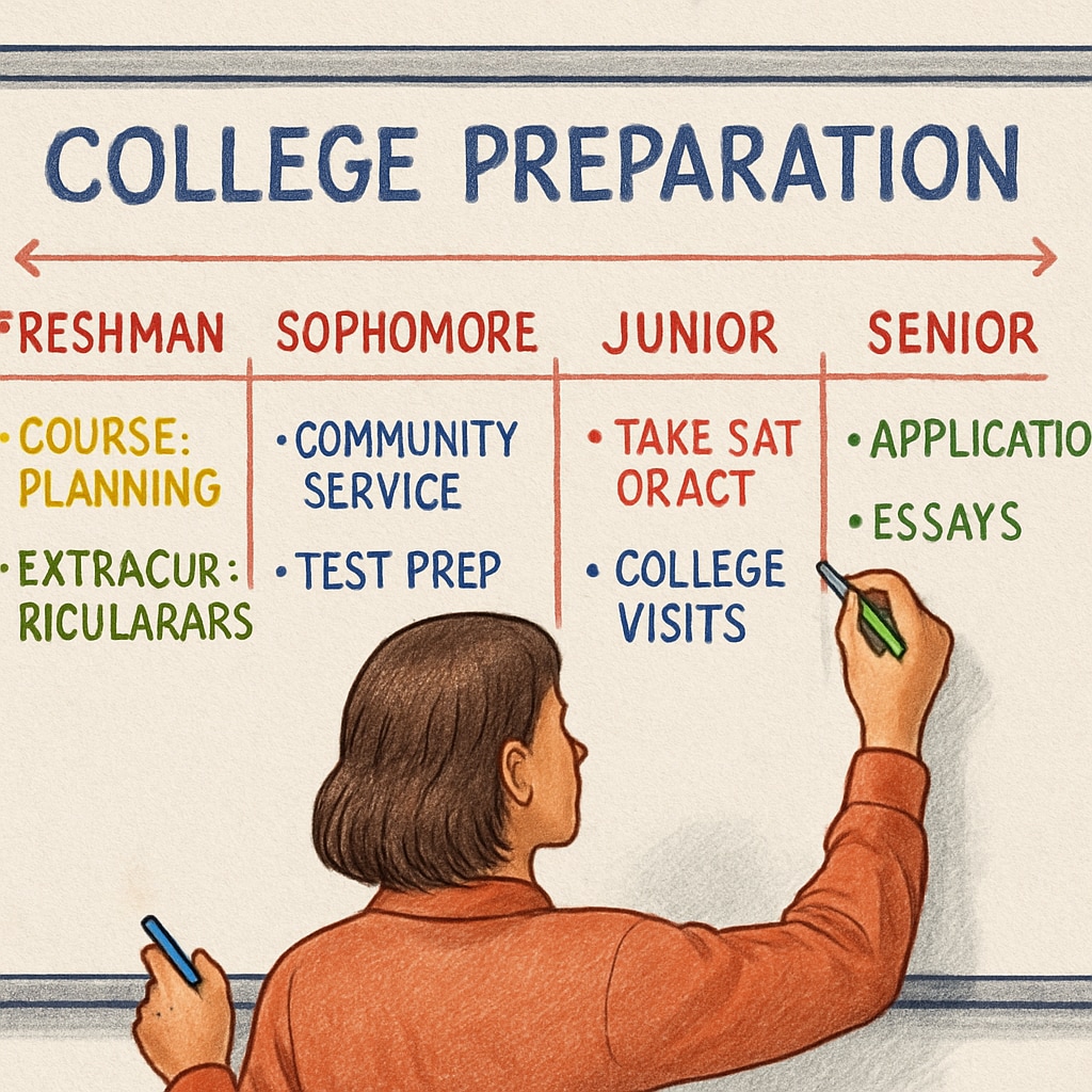 A student creating a college preparation timeline on a whiteboard with colorful markers. High school student organizing a college preparation timeline.
