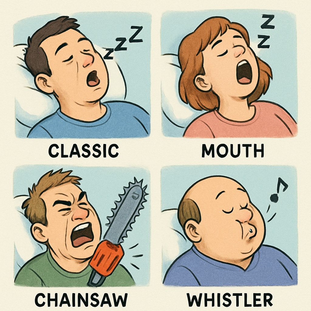 Snoring types cartoon with humorous labels like 