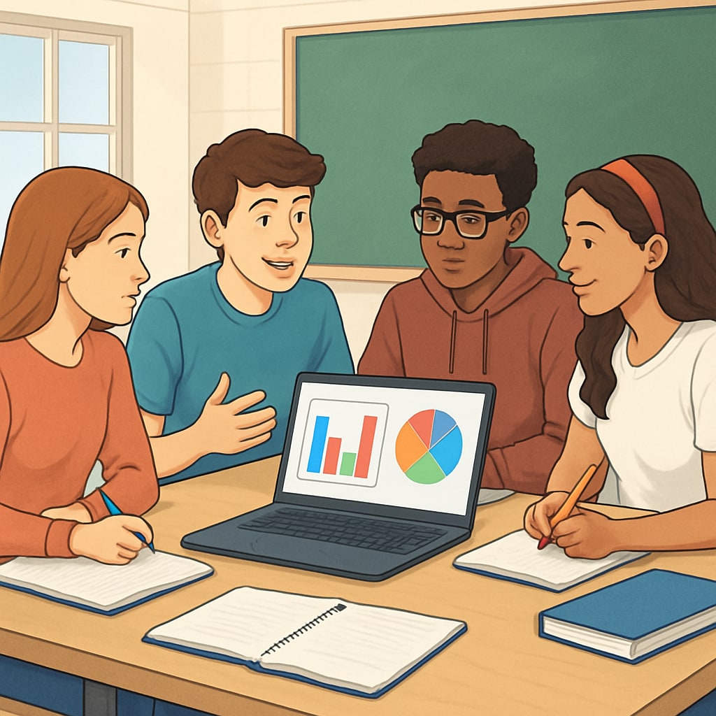 A group of high school students collaborating on a data analysis project, with colorful charts displayed on a laptop screen. High school students working on data analysis as part of analytical thinking education.