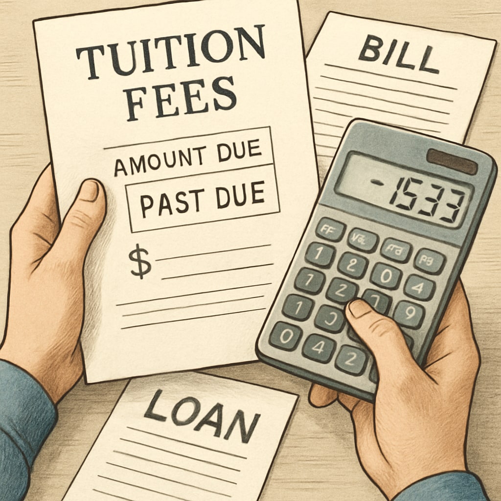 A close-up of a student's hands holding tuition fee documents and a calculator, symbolizing financial stress. A migrant student's financial stress due to high tuition fees in UK universities.