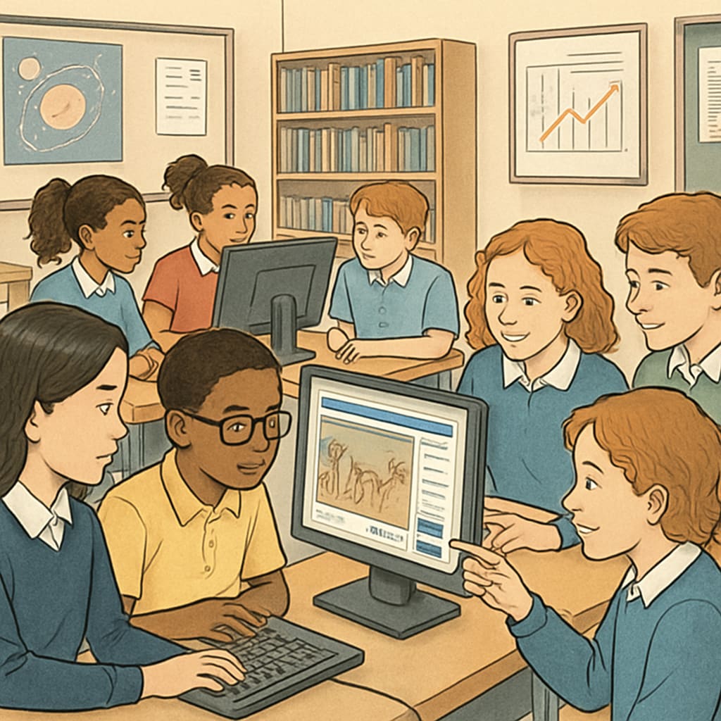 A group of K12 students working collaboratively on Zooniverse citizen science projects, analyzing data on their computers in a classroom setting. K12 students engaged in Zooniverse citizen science projects in a classroom.