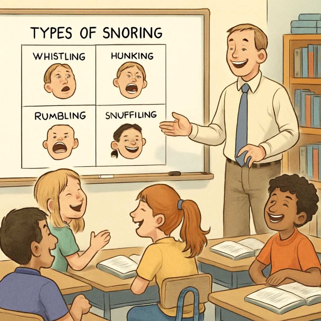 Students laughing at a snoring chart in a classroom