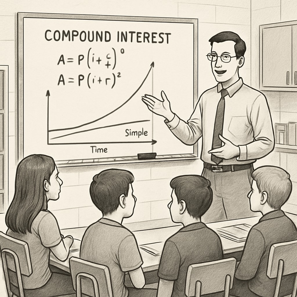 A teacher explaining the concept of compound interest to a group of middle school students using a whiteboard and simple graphs. Teacher demonstrating financial literacy concepts like compound interest to K12 students.