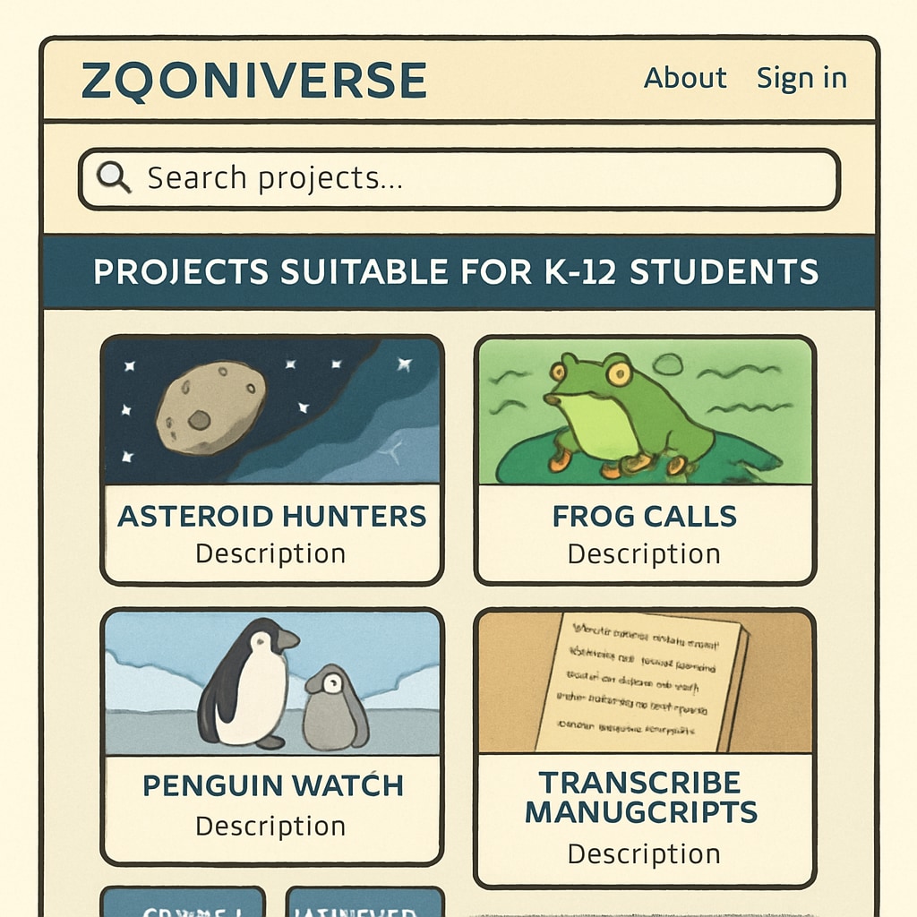 A screenshot of the Zooniverse platform showing ongoing citizen science projects, with highlights on projects suitable for K12 students. Zooniverse platform screenshot showcasing citizen science projects for K12 students.