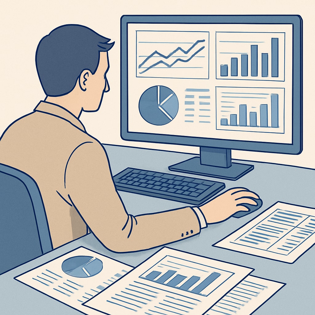 A professional working on a data visualization dashboard while referencing financial reports, illustrating the blend of business analytics and finance skills in real-world applications. Business analytics and finance professional analyzing data.