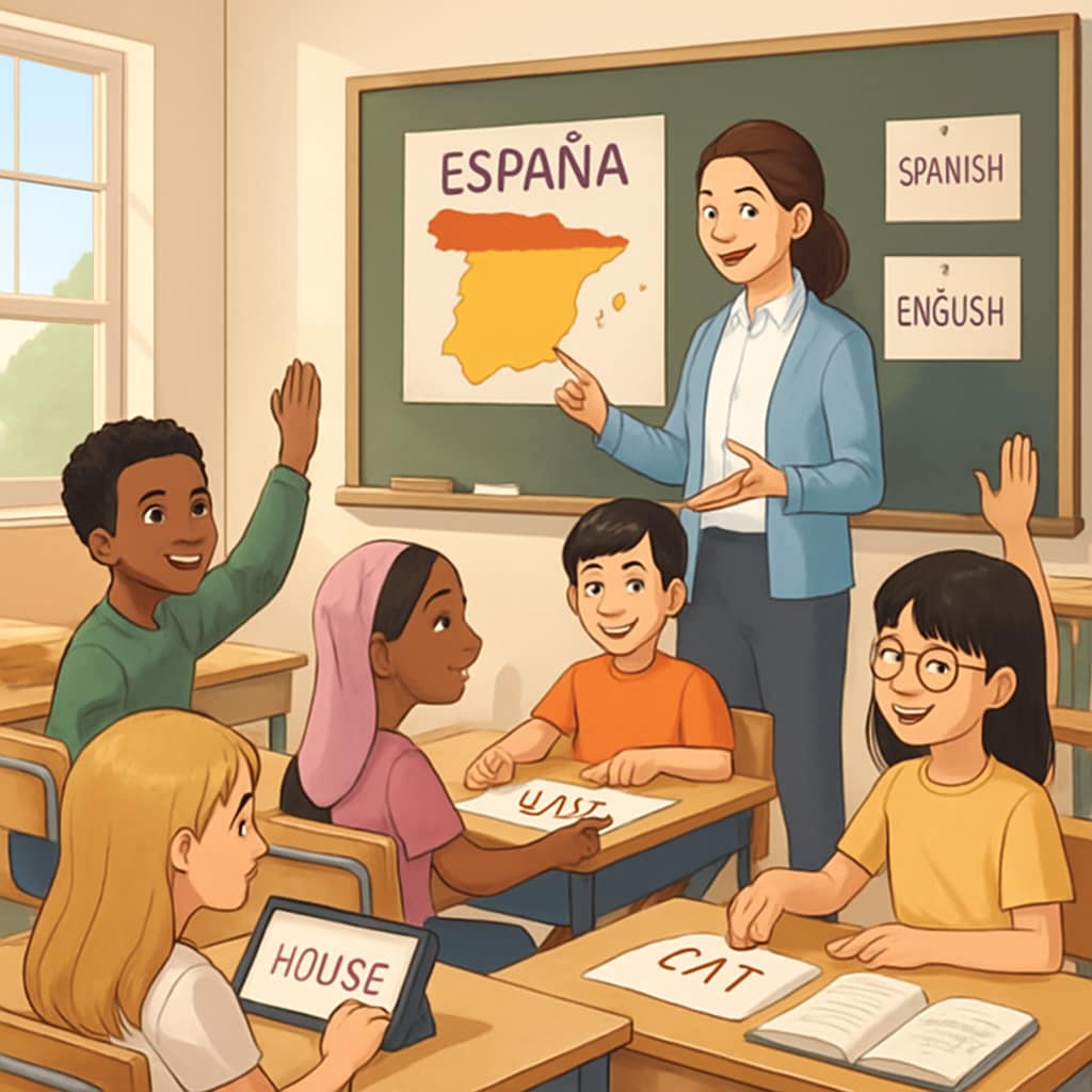 A bilingual learning environment in a Spanish classroom showcasing cultural adaptation.