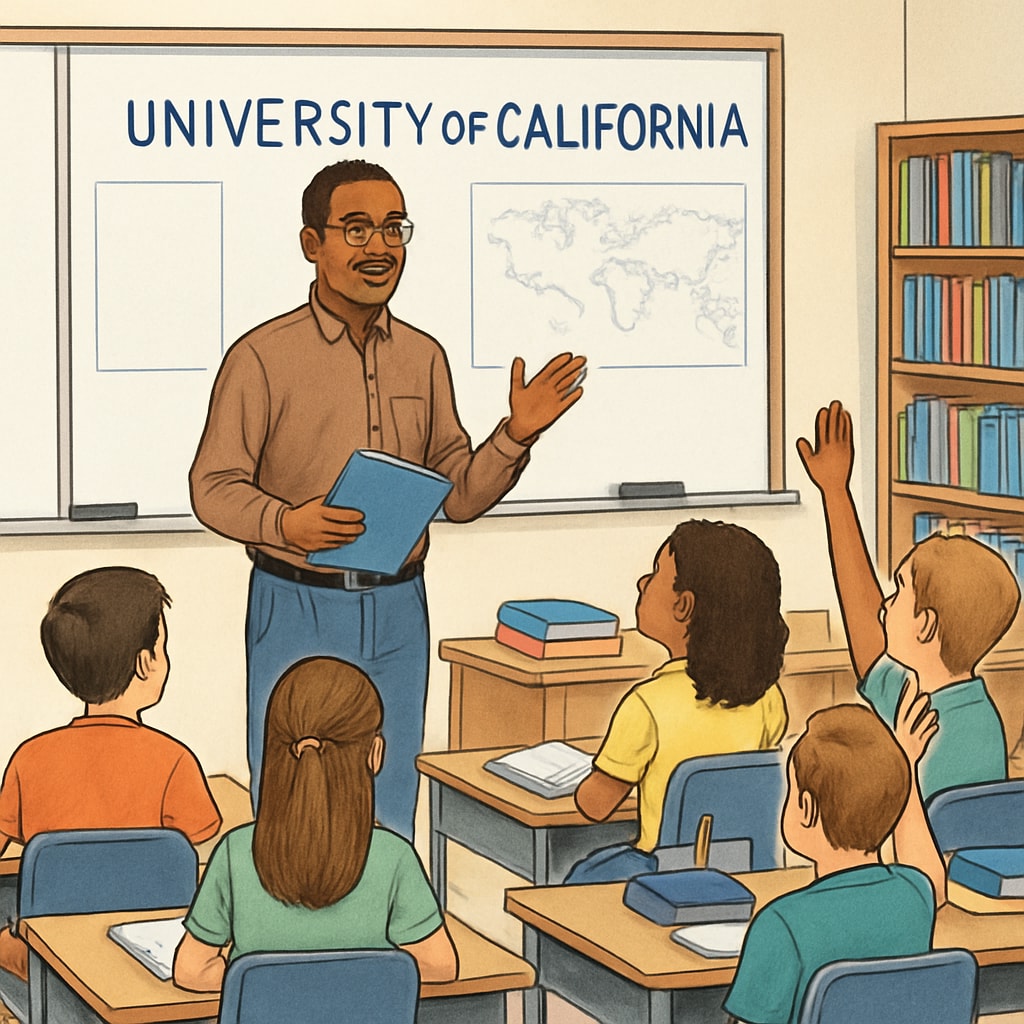 University of California employee giving a guest lecture to K12 students.
