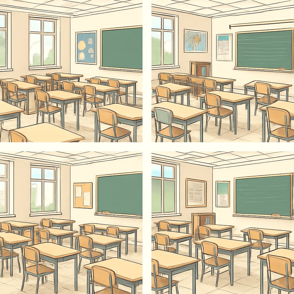 A group of empty classrooms in a school, symbolizing the absence of teachers due to coordinated action. Empty classrooms symbolizing