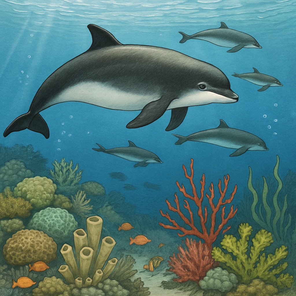 A vibrant underwater scene featuring porpoises swimming in their natural habitat, ideal for K12 marine biology education. Porpoises swimming underwater, showcasing their habitat for marine biology studies.