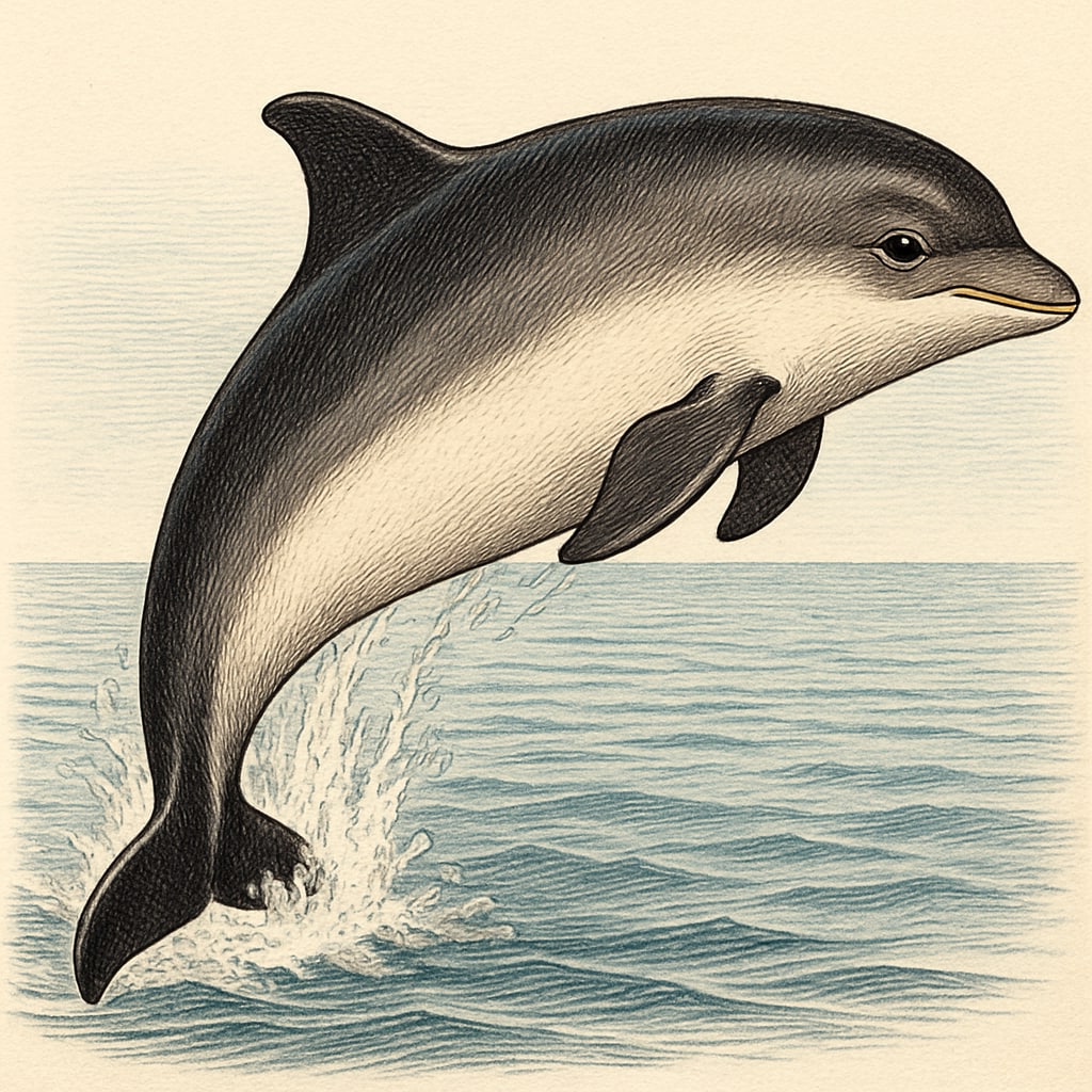 A close-up image of a porpoise leaping out of the water, showcasing its unique features for species classification studies. Porpoise jumping out of the ocean, highlighting its features for species classification.