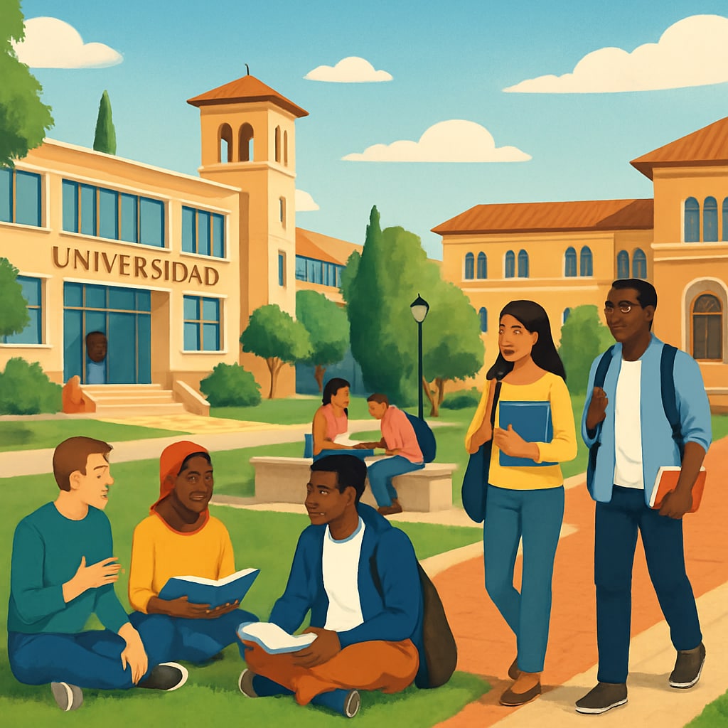 University campus in Spain, featuring diverse student groups and academic buildings.
