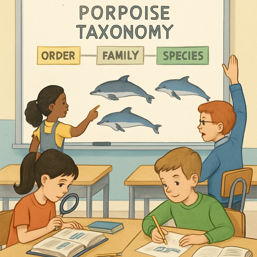Students engaging with porpoise taxonomy charts in a classroom setting.