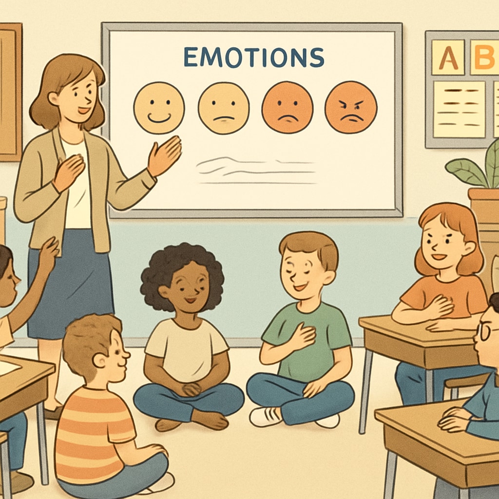 Children participating in emotional education activities to develop emotional control and resilience