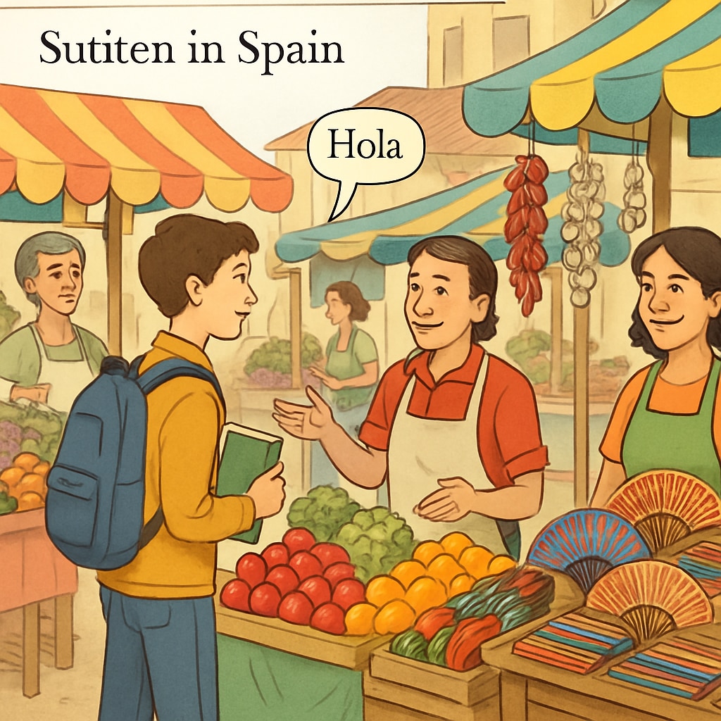 A student in Spain at a local market, illustrating cultural integration and language practice.
