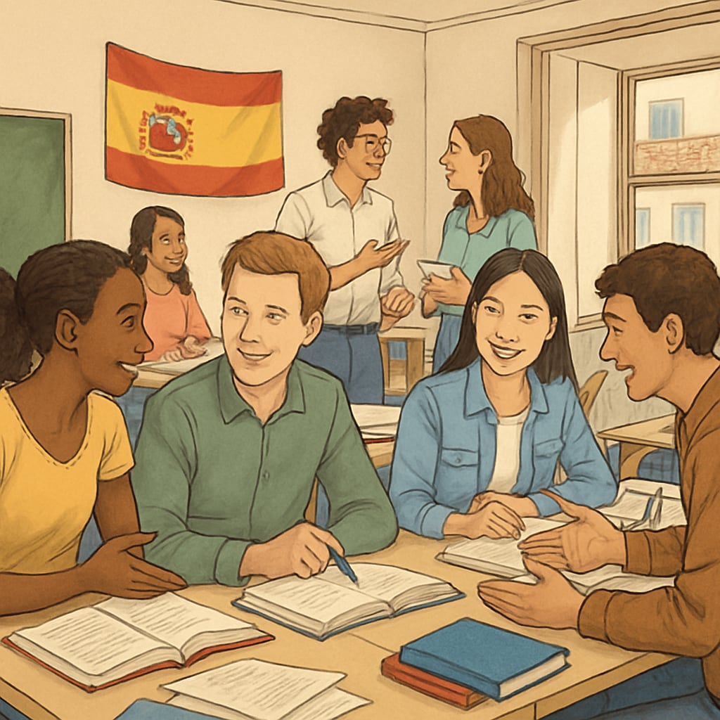 Classroom with international students discussing in a Spanish university.