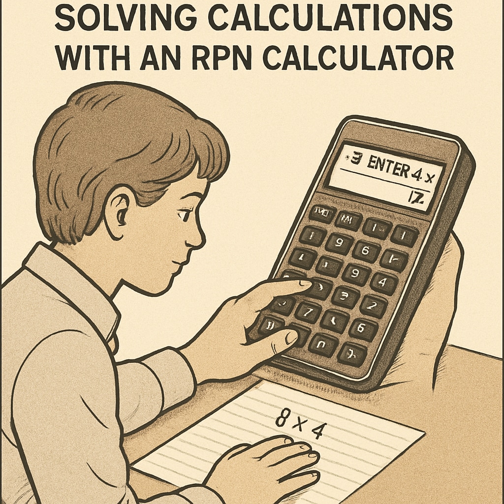 A student solving calculations on an RPN calculator, with the screen displaying Reverse Polish Notation expressions. A student using an RPN calculator to solve math problems.