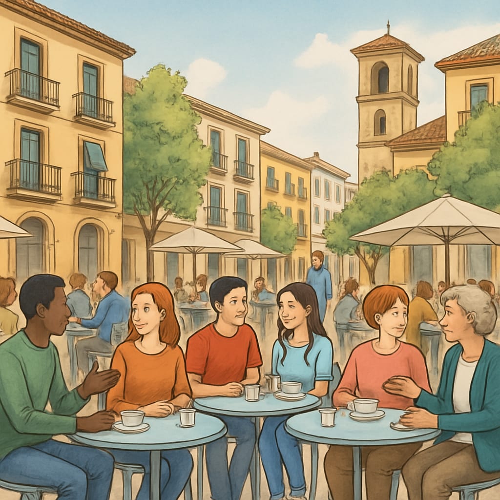 Spanish street scene with people at outdoor cafes, representing cultural adaptation.