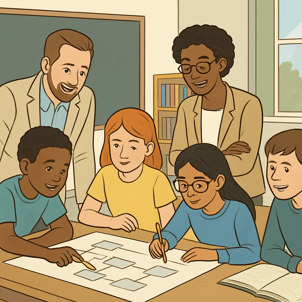 A diverse group of students and teachers actively participating in a classroom group project to highlight collaborative learning. Students and teachers in a collaborative classroom activity, showcasing traits like skilled educators and community engagement.