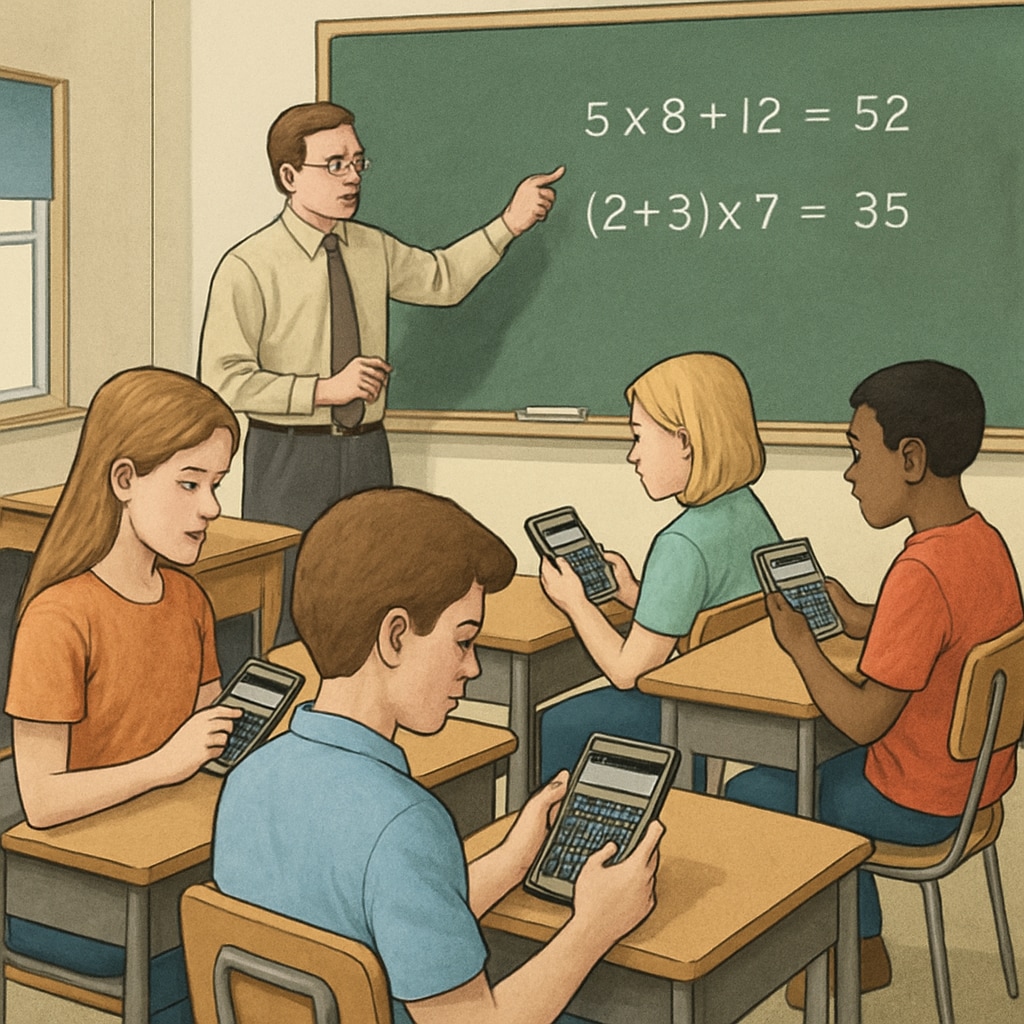 A classroom setting where students are using RPN calculators during a math lesson. Students in a classroom learning how to use RPN calculators.